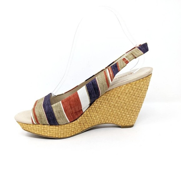 Anne Klein Womens 9.5 Fortuna Stripe Fabric Slingback Rattan Wedge Sandals Boho - Picture 2 of 10